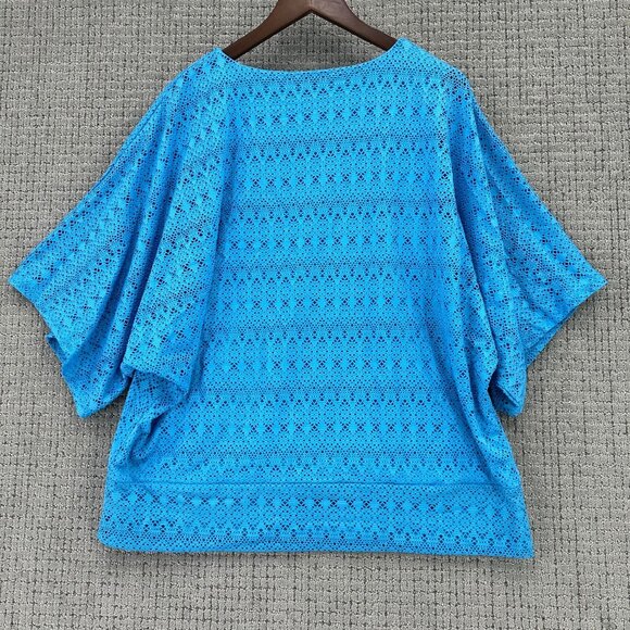 JM Collection Blouse Womnes Plus Size 2X Blue Pullover Short Sleeve Perforated - Picture 2 of 9